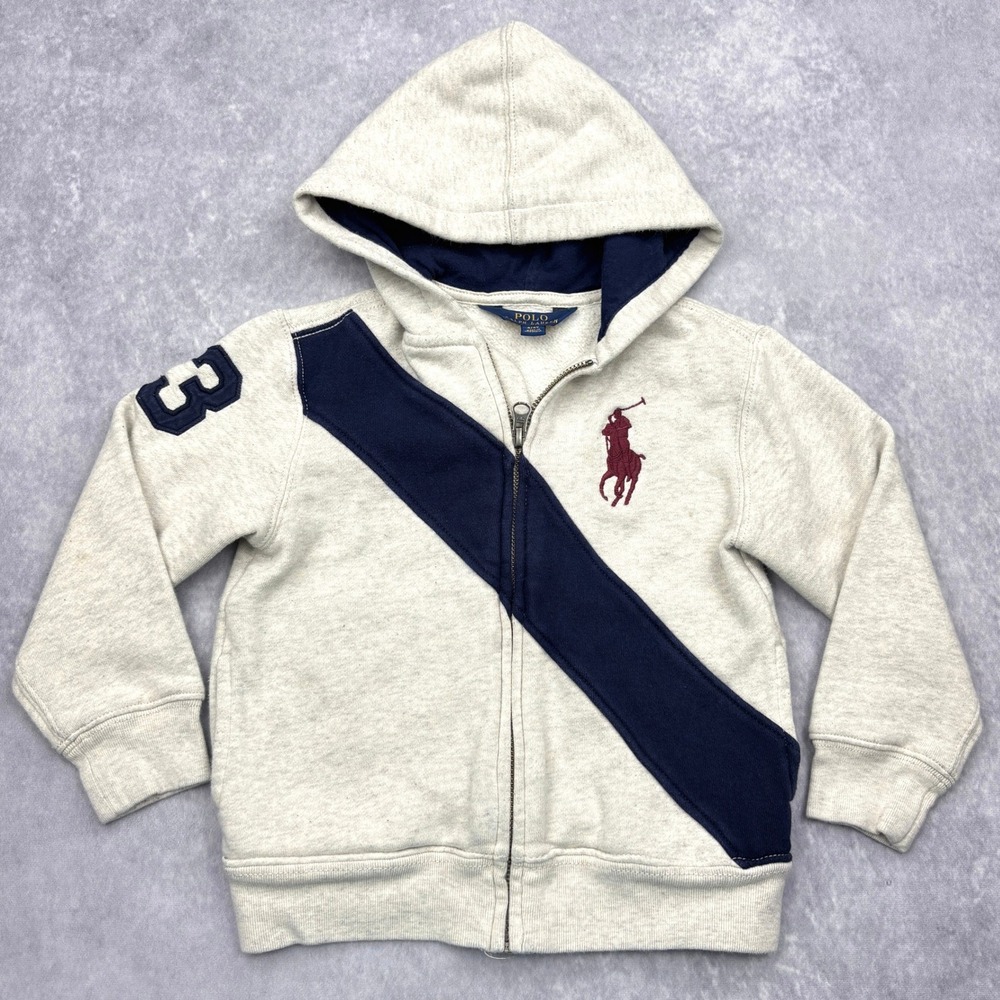 Polo Ralph Lauren Hoodie Boys 4 4T Gray Navy Sash Big Pony Fleece Jacket Zip Up